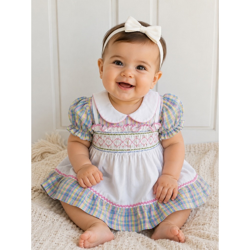 Vintage Mayfair Baby Girl Smocked Dress Plaid Pastel White Peter‎ Pan Collar